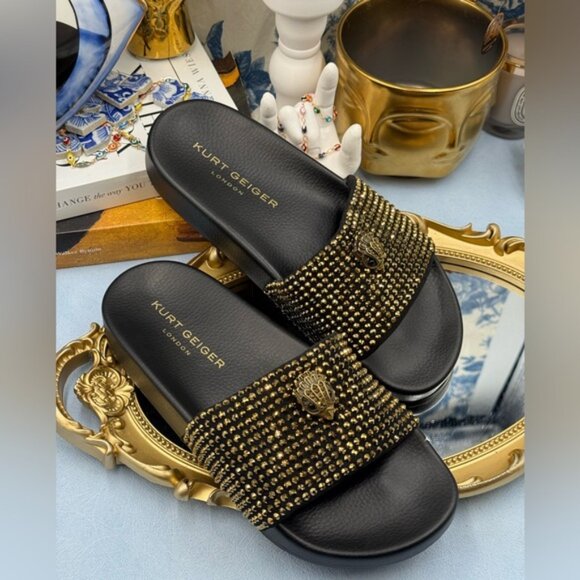 🆕 KURT GEIGER LONDON 🧿 NWOB Meena Eagle Black & Gold Studded Slide, Sz 6.5 - Picture 8 of 13